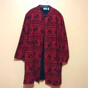 Chico's Design 100% Cotton Red Black Print Beaded Mandarin Collar Button Coat 3